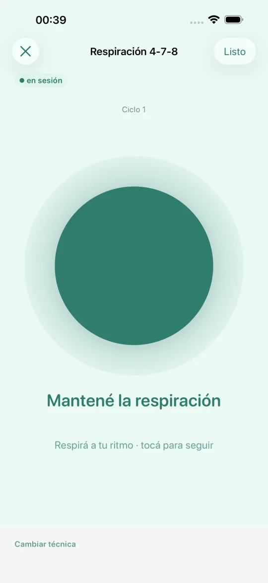 Respiración guiada en progreso: una sola animación, sin contar ni distraer.