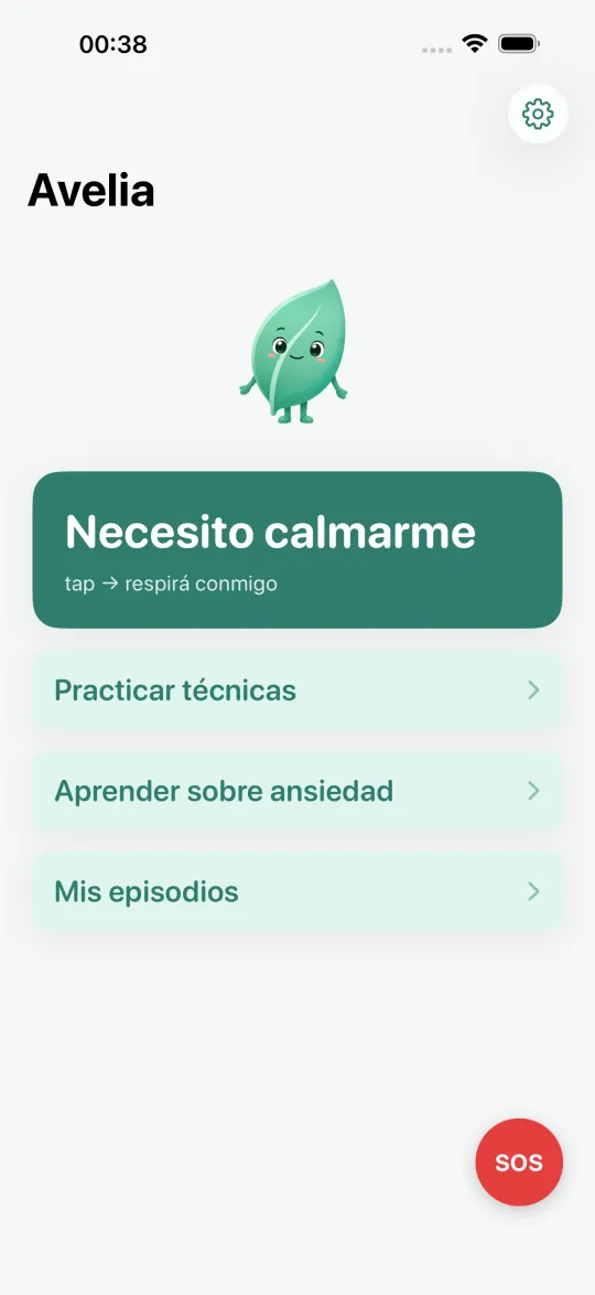 Pantalla de inicio de Avelia: técnicas guiadas accesibles en botones grandes.